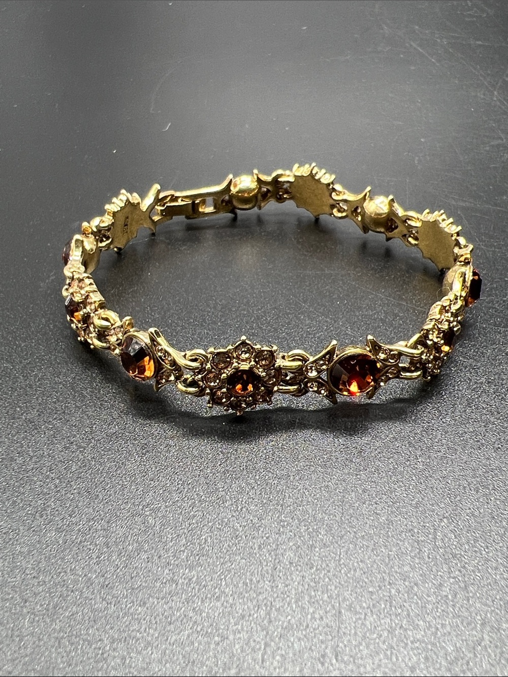 Vintage Monet Amber Topaz Rhinestone Floral Bracelet 7.5” Gold Tone - Picture 5 of 12